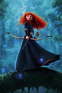 the red - haired girl is standing on top of a tree stump with an arrow in her hand