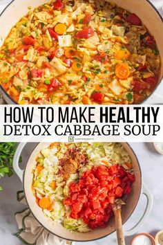 Detox cabbage soup with cabbage, turmeric, warming spices, garlic, veggies and fresh ginger. Vegan, gluten free, healthy cabbage soup recipe! Detox Cabbage Soup, Garlic Veggies, Salad Combinations, Healthy Cabbage Soup, Soup With Cabbage, Healthy Cabbage, Cabbage Soup Diet Recipe, Cabbage Soup Recipe, Detox Soup Cabbage