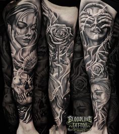 three different tattoos on both arms and legs, one with two women's faces