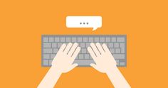 two hands typing on a keyboard with a speech bubble above the keyboard and an orange background