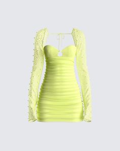 Blind them with your beauty in this strapless, lime green mini dress 💛 Complete with underwire bust cups and an embellished mesh shrug for an elevated night out look that will have you outshining everyone 🌟 Mesh Shrug, White Corset Dress, Lime Green Dress, Future Of Fashion, Neon Dresses, Welcome To The Future, Mesh Mini Dress, Fitted Maxi Dress, Green Mini Dress