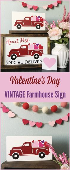 valentine's day vintage farm house sign with pink flowers and hearts on the wall