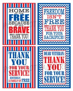 four red, white and blue thank cards with the words home is not because brave