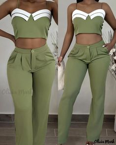 Olivia Mark - Cami Top and Ruched Pocket Design Pants Set for Chic Spring Ensembles Green Two-piece Bottoms, Green Fitted Two-piece Bottoms, Green Wide Leg Two-piece Pants, Trendy High Waist Two-piece Bottoms, Design Pants, Crop Cami Top, Chic Type, Fashion Catalogue, Sleeveless Bodysuit