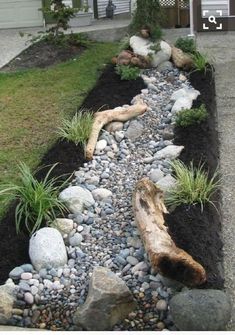 a garden with rocks, grass and plants in the front yard is very nice to have