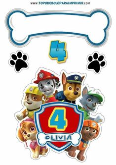 the paw patrol 4 character stickers are in front of a white background with blue border