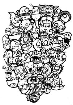 a black and white drawing of many different types of cartoon characters in the shape of a tree