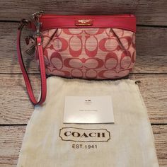 Coach Pink Shantung Pleated Medium Wristlet Nwt Pink Coach Signature "C" Monogrammed Jacquard Wristlet & Pink Leather Medium Size Coin Purse... Carries Cards, Cash And Cell Phone In It's Secure Zip-Fastening Design. Dust Bag Included. Beige Color Sateen Fabric Lining Approximate Measurements: 7.25"(L) X 4.5"(H) X 1.5"(D) Zip Top Closure Silver Tone Hardware Strap With Clip To Form A Wrist Strap...Or...Attach To The Inside Of A Larger Handbag! G242 Coach Handheld Wristlet With Removable Pouch, Zipper Pouch Wristlet, Harness Boots, Large Handbags, Wristlet Wallet, Zip Wallet, Small Tote, Leather Wristlet, Small Wallet