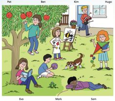 an image of children playing in the yard with their dogs and apples on tree branches