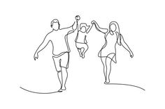 one line drawing of three people running and jumping in the air with their hands up