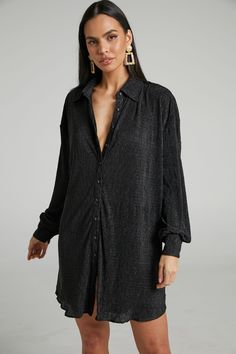 Beca Crinkle Mini Shirt Dress in Black | Showpo USA Chic Long Sleeve Crinkle Texture Blouse, Chic Long Sleeve Blouse With Crinkle Texture, Button Up Shirt Dress, Mini Shirt Dress, Button Up Shirt, Up Shirt, Button Up Shirts, Casual Dress, Tunic Tops