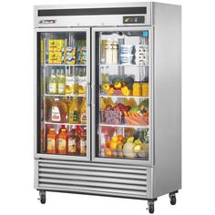 two glass door refrigerators filled with food and drinks on wheels, both open to show the contents