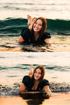 two pictures of a woman in the water with her hand up to her face and smiling