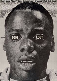 an advertisement for get out with the words cut out on it's face and eyes