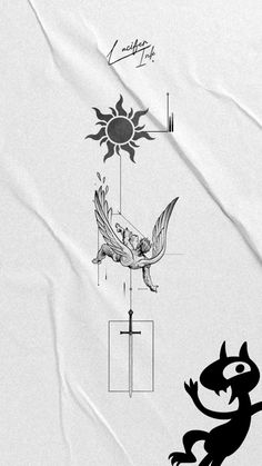 a drawing of a bird and a cat on a piece of paper with the sun in the background