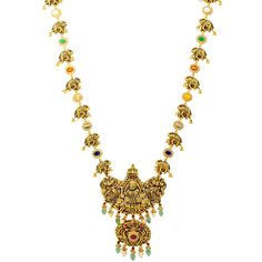 Pair this unique antique gold Laxmi necklace with your favorite traditional or cultural attire for a stylish look. The rich blue sapphires, rubies, emeralds, pearls, and cubic zirconia coupled with an antique finish allow the details on this beautiful temple jewelry necklace for women to stand out. Features• 22K Antique Gold.• Emeralds. • Rubies. • Pearls.• Sapphires.• Cubic Zirconia.Specifications• Minimum Necklace Width - 2 millimeters • Maximum Necklace Width - 68 millimeters• Necklace Length Antique Gold Necklace With Multi-stones, Multicolor 22k Gold Temple Necklace For Festivals, Antique Gold Multi-stone Necklace, Multicolor 22k Gold Necklace For Diwali, Traditional Temple Necklace With Gemstone For Festive Occasions, Traditional Gemstone Temple Necklace For Festive Occasions, Multicolor 22k Gold Kundan Temple Jewelry Necklace, Multicolor Temple Necklace With 17 Jewels For Wedding, Multicolor Temple Necklace With 17 Jewels