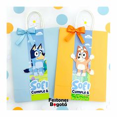 two paper bags with cartoon characters on them and the words soft, cumple & gumple 6