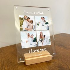 a clear acrylic photo frame with four photos on it and the words i love you