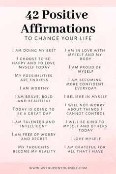 a pink poster with the words 22 positive affirmations to change your life