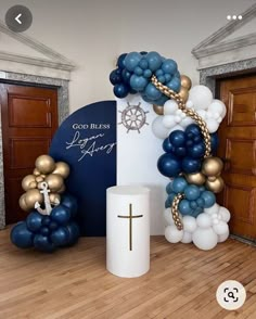 balloons and crosses are on display in a room