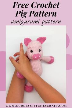 a pink crocheted pig sitting on top of a person's hand with the text, free crochet pig pattern amigurmi pattern