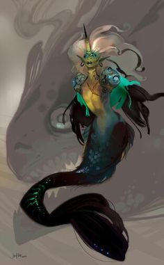 a digital painting of a mermaid with long hair