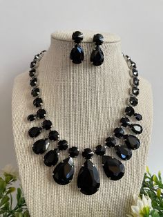 "Beautiful black statement necklace and earrings set shine and bright for any special occasional  Necklace size 12\" long with 6.5\"extender Earrings size 1\"  long  Closure: lobster claw Adjustable length  Return & exchanges We gladly accept cancellations Request a cancellation within 4 hour of purchase.  We don't accept return or exchanges but please contact us if You have any questions or any problem with your orders Thank you for shopping with us ♥️ Stay safe & healthy" Black Jewelry Sets For Party, Party Black Jewelry Set, Evening Necklace, Set Jewelry, Necklace Wedding, Necklace And Earrings Set, Necklace And Earring Set, Black Necklace, Wedding Set