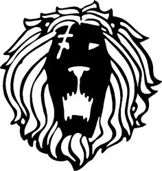 a black and white drawing of a lion's head with a cross on it