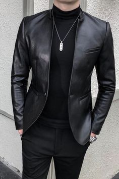 Portrait of a man wearing a Men's Faux Leather Jacket Coat. Fitted Faux Leather Jacket, Winter Business Faux Leather Blazer, Faux Leather Business Outerwear Long Sleeve, Classic Faux Leather Single-breasted Jacket, Sleek Leather Jacket For Fall, Formal Fitted Faux Leather Jacket, Formal Long Sleeve Faux Leather Blazer, Business Single Breasted Faux Leather Jacket, Formal Faux Leather Long Sleeve Blazer