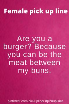 a pink poster with the words, female pick up line are you a burger? because you can be the meat between my buns