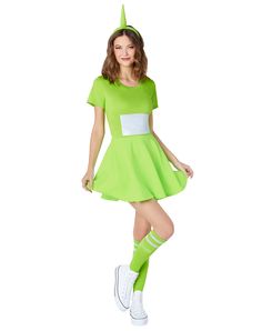 a woman in a green dress and white socks