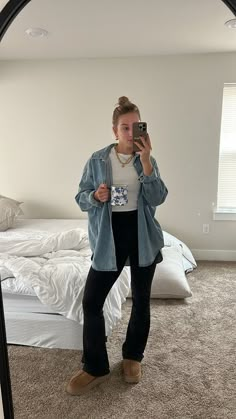 Simple Fall Mom Outfits, Cute And Comfy Work From Home Outfits, Fall Work Outfits Jeans, Mama Fall Outfits, Short Sleeve Button Down Outfit Summer, Flare Leggings Oversized Shirt, Thrifted Mom Outfits, Oversized Denim Button Up Shirt Outfit, Leggings With Long Shirt