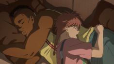 an anime scene with two people sleeping on the bed and one person standing in front of him