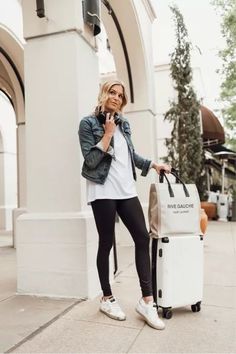 Loved this chic casual travel outfit Casual Travel Outfit, Classic Denim Jacket, Casual Everyday, Zipper Bags, Travel Outfit, Cuff Sleeves, Travel Essentials