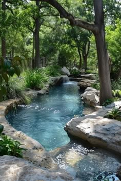 a small pool in the middle of some trees and rocks with water running through it