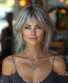 Transform Medium Gray Hair with Hairstyles for Short Necks Elegant Hairstyles With Bangs, Medium Gray Hair, Silver Hair Anime, Classic Hair Color, Gray Hairstyles With Bangs, Hair Color Silver, Silver Hair Color Ideas, Grey Hair And Glasses, Medium Shag Hairstyles