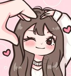 a drawing of a girl with long brown hair and hearts on her head, holding hands over her head