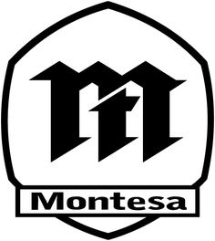 the montesa logo is shown in black and white, with an arrow above it