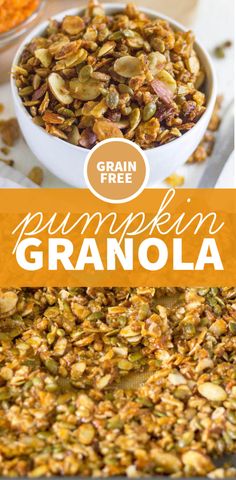 pumpkin granola in a white bowl with text overlay