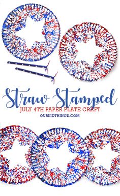 Straw Stamped Paper Plate July 4th Craft Easy 4th Of July Crafts, Plate Crafts For Kids, 4th Of July Crafts, Fireworks Craft, Summer Camp Crafts