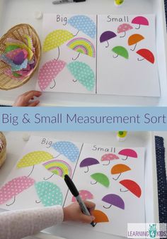 two pictures of small children's umbrellas with the words, big and small measurement sort