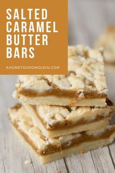 salted caramel butter bars stacked on top of each other with text overlay