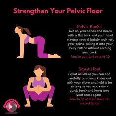 a woman doing yoga poses with the words strength your pelvic floor