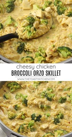 broccoli and chicken skillet is shown in two different pans with the same sauce