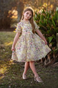 VERA DRESS YELLOW FLORAL Crepe Dress Designs, Floral Dress For Kids, Dress Kids Girl, Frock Designs For Girl, Frocks For Kids, Kids Dress Collection, Simple Frocks, Kids Frocks Design, Disney Princess Dresses