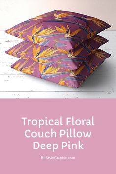 tropical floral couch pillow in deep pink with text overlay that reads tropical floral couch pillow in deep pink