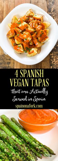 four different types of food on plates with the words 4 spanish vegan tapas