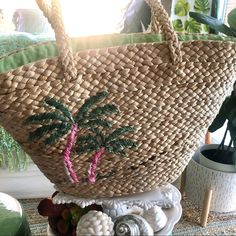 Cyndy Sells Seashells By The Seashore & More...From New & Vintage Decor, Seashells, Seasonal, One Of A Kind, Beach Bags, Jewelry & Clothing In All Markets New! And The Cutest Palm Tree Large Seagrass Lime Green Polka Dot Beach Bag. Interior Fully Lined With An Additional Basket Covering Closure & Matching Fabric To Tie For Security. 19 1/2w 15”D X 8” Bottom 13” Handles = A Whopping 32” In Total Height Perfect For Summertime Shopping To The Beach, Hawaii Or Anywhere Tropical. Priced Accordingly W Embroidered Straw Bag For Beach In Spring, Green Embroidered Beach Bags, Embroidered Straw Bag For Summer Travel, Spring Vacation Embroidered Straw Bag, Casual Embroidered Beach Bag For Vacation, Green Straw Beach Bag For Vacation, Green Basket Bag For Beach Season, Green Basket Beach Bag For Vacation, Summer Green Basket Beach Bag