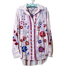 Johnny Was Piper Relaxed Oversized Shirt This Piper Relaxed Oversized Shirt Sports A Feminine Look In A Relaxed Fit, And Crafted Using A Super-Soft Fabric. This Stylish Shirt Features Allover Eye-Catching Floral Embroidery, Classic Spread Collar, Center Front Button Closure, Dropped Shoulders, Yoked Back, Long Sleeves With Buttoned Cuffs, And A High-Low Hemline. Size Xs New With Tags Thank You For Shopping Our Posh Closet! Item Will Be Dropped Off At Usps Same/Next Day Smoke Free Home *Please No Oversized Spring Blouse With Floral Embroidery, Oversized Floral Embroidery Blouse For Spring, Oversized Floral Embroidered Blouse For Spring, Embroidered Oversized Summer Shirt, Summer Oversized Embroidered Shirt, Oversized Embroidered Shirt For Summer, Pink Embroidered Button-up Blouse, Pink Floral Embroidery Summer Shirt, Pink Floral Embroidered Blouse For Daywear