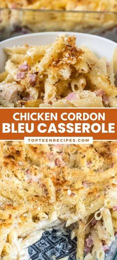 chicken cordon bleu casserole with text overlay